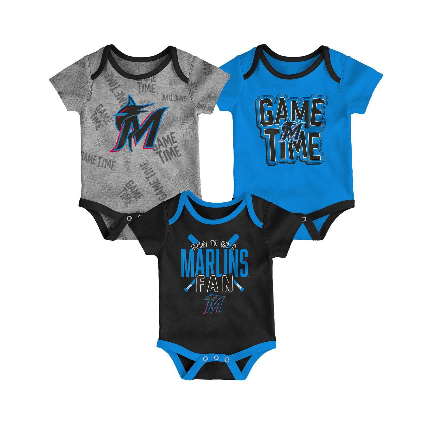 Newborn and Infant Boys and Girls Miami Marlins Black, Blue, Heathered Gray Game Time Three-Piece Bodysuit Set