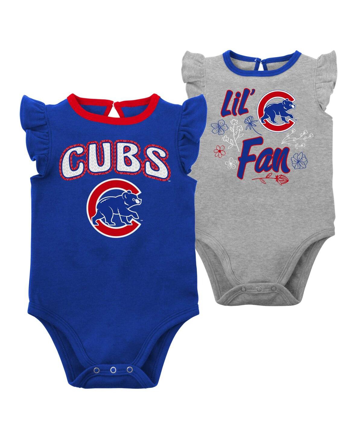 OUTERSTUFF INFANT BOYS AND GIRLS ROYAL, HEATHER GRAY CHICAGO CUBS LITTLE FAN TWO-PACK BODYSUIT SET
