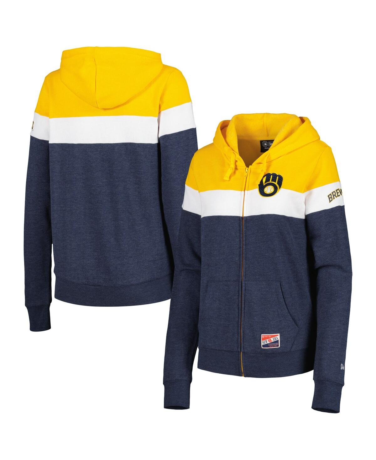 NEW ERA WOMEN'S NEW ERA HEATHER NAVY MILWAUKEE BREWERS COLORBLOCK FULL-ZIP HOODIE JACKET 