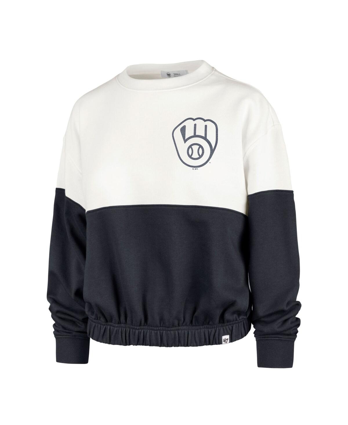 47 BRAND WOMEN'S '47 BRAND WHITE, NAVY MILWAUKEE BREWERS TAKE TWO BONITA PULLOVER SWEATSHIRT 