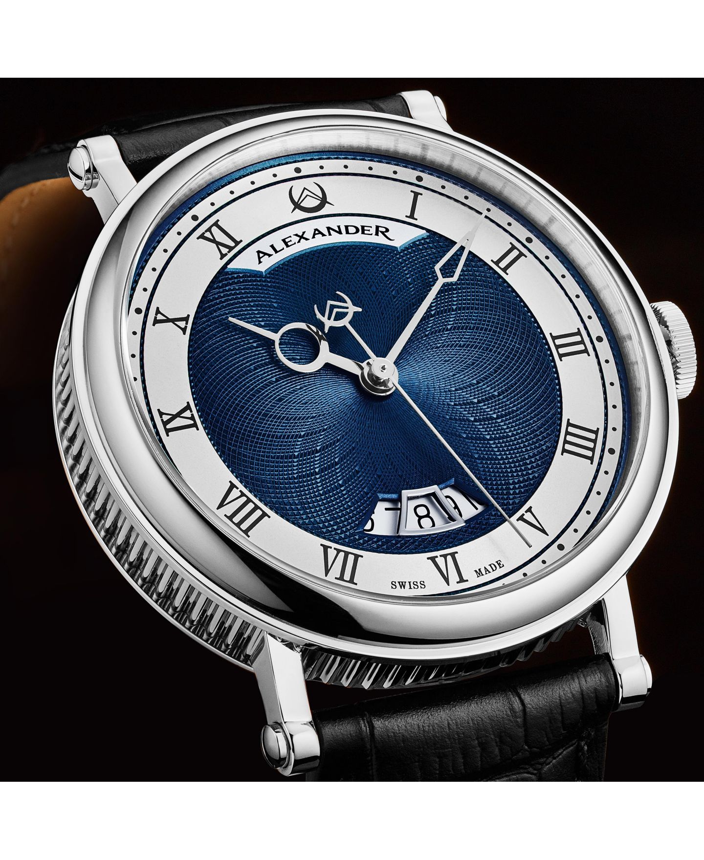 Мужские часы Alexander Triumph Swiss Automatic Watch 43mm Silver Tone Stainless Steel Case Blue Dial Sapphire Crystal Black Leather Strap 30M, цвет: Чёрный — фото 2