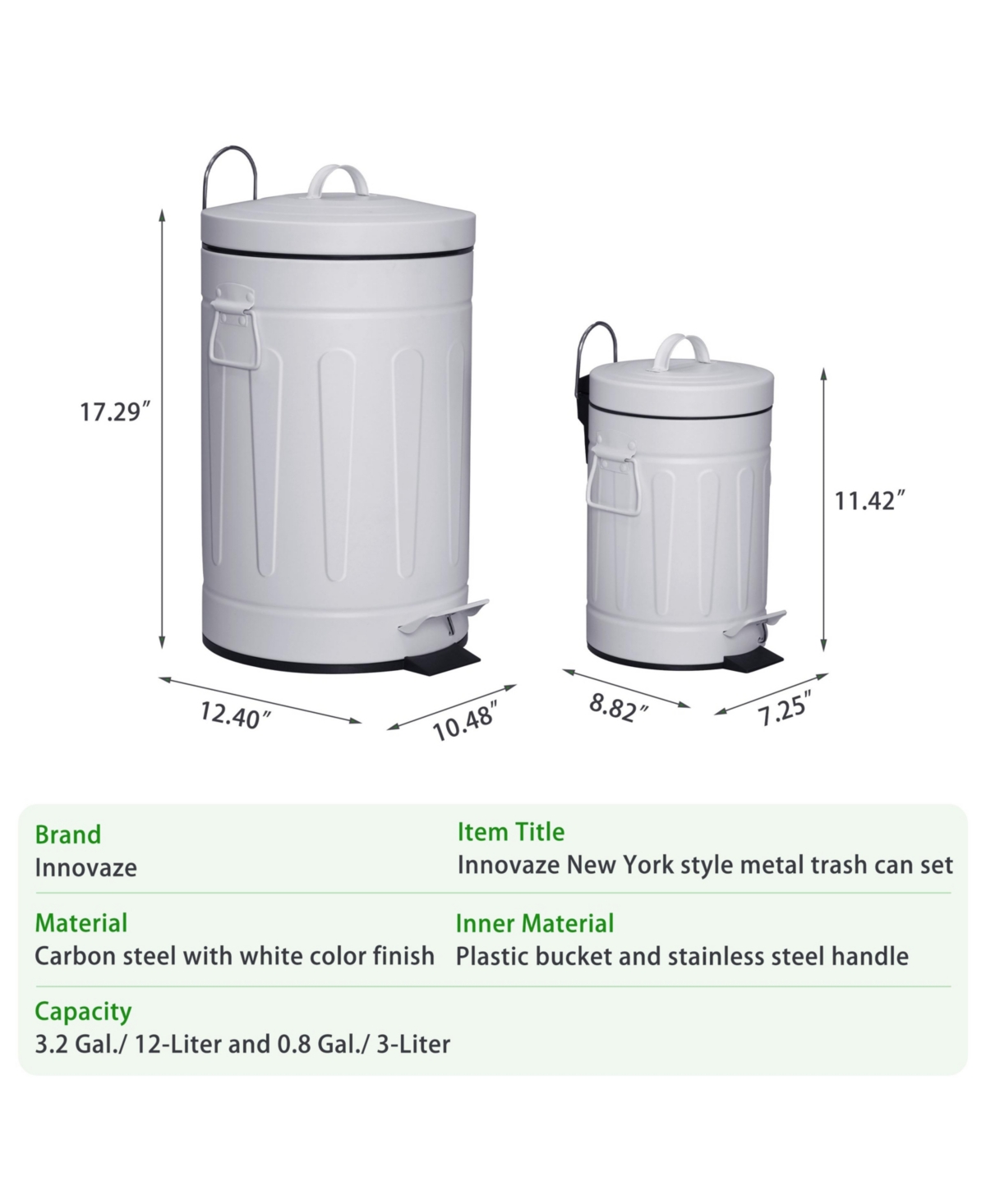 Mega Casa Gal./12-Liter and Gal./3 Liter Old Time Style RoundMetal Step-on Trash Can Set - White