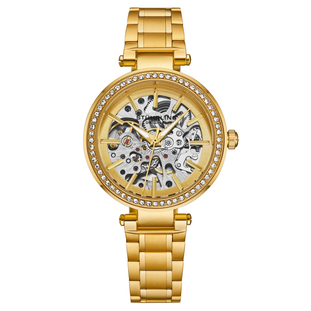 Women's Automatic Alloy Gold Case, Skeleton Dial, Gold Ss Link Bracelet Watch Crystal Studded Gold Bezel - Gold