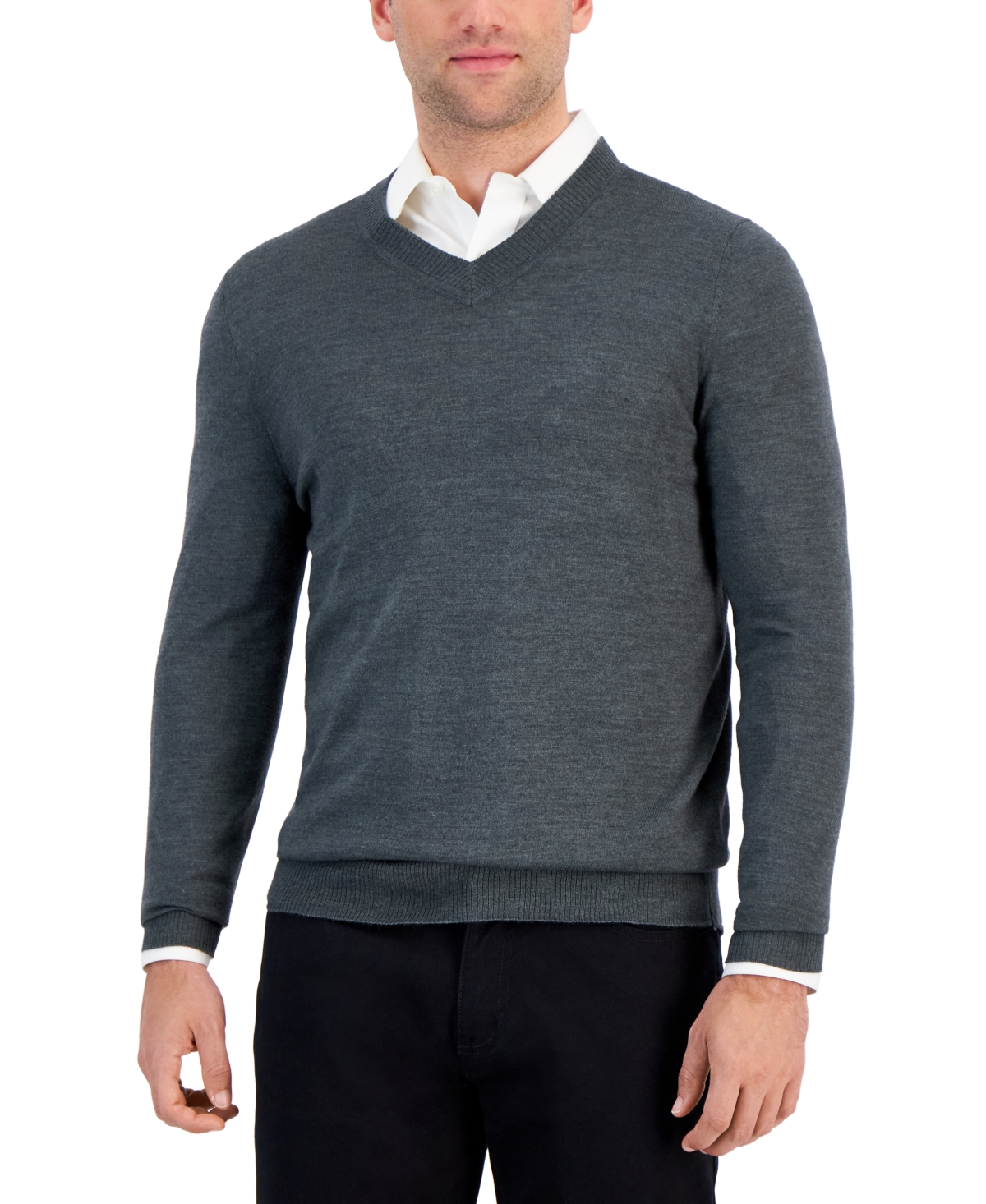 Alfani Men's Long-sleeve V-neck Merino Sweater, Created For Macy's In Dark Lead Heather