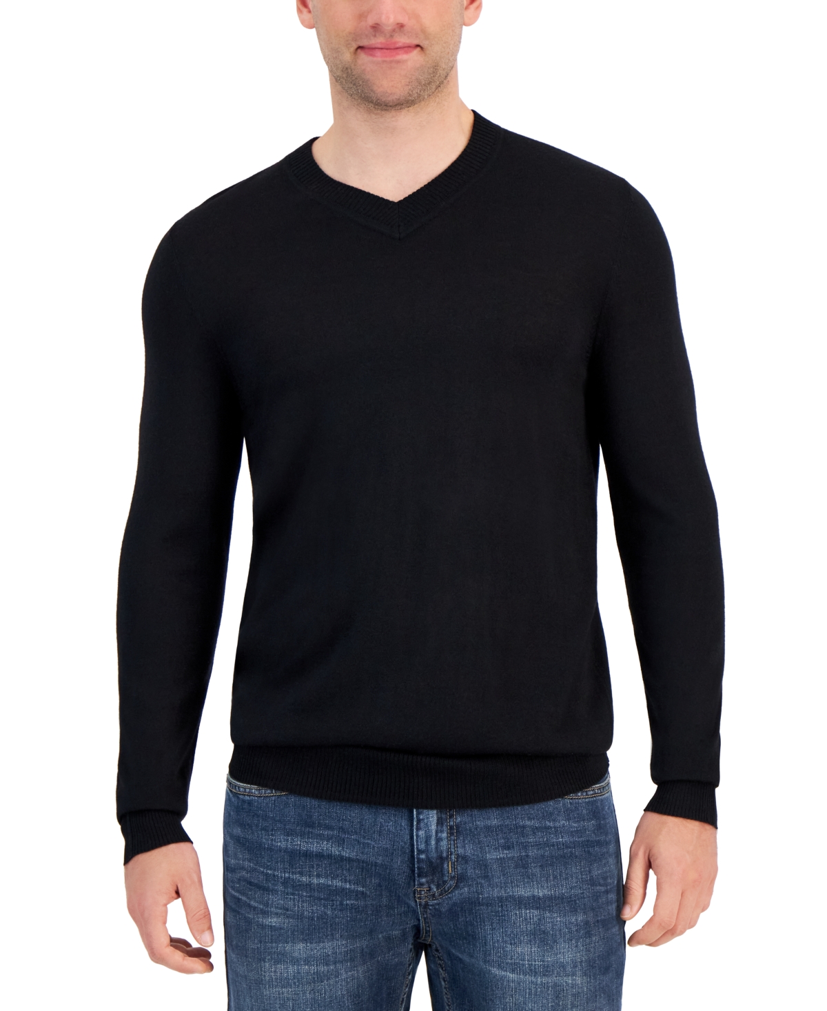 Alfani Men's Long-sleeve V-neck Merino Sweater, Created For Macy's In Deep Black