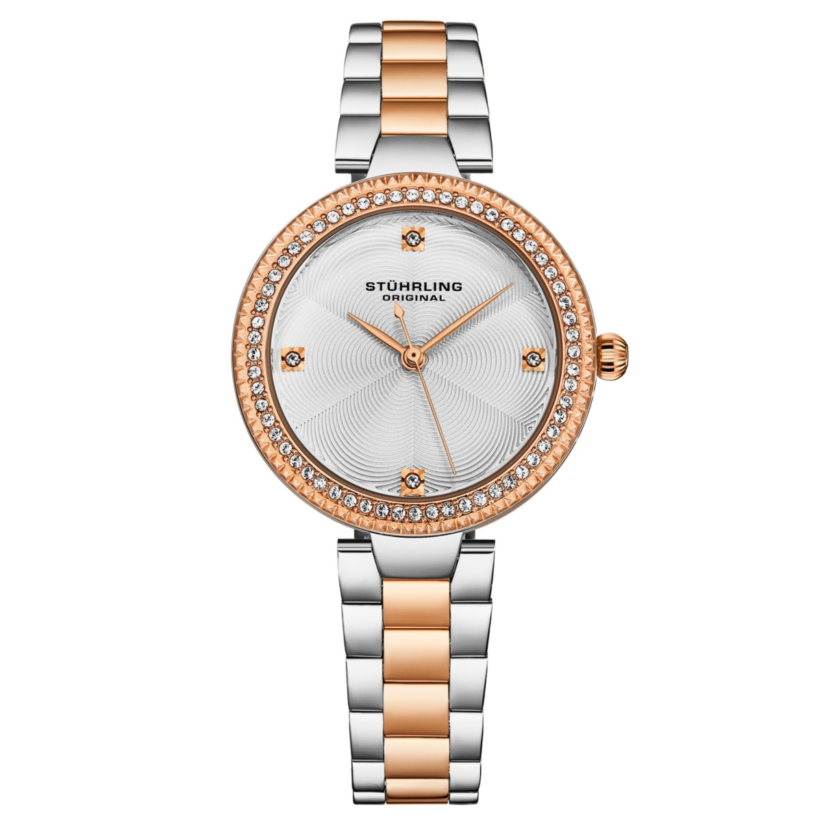 Women's Quartz Crystal Studded Rose Case , Silver Dial, Rose Hands and Markers Two Tone rose link bracelet Watch - Rose-Gold