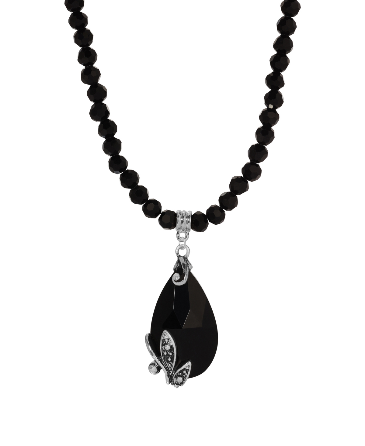 Glass Black Beaded Teardrop Necklace - Black
