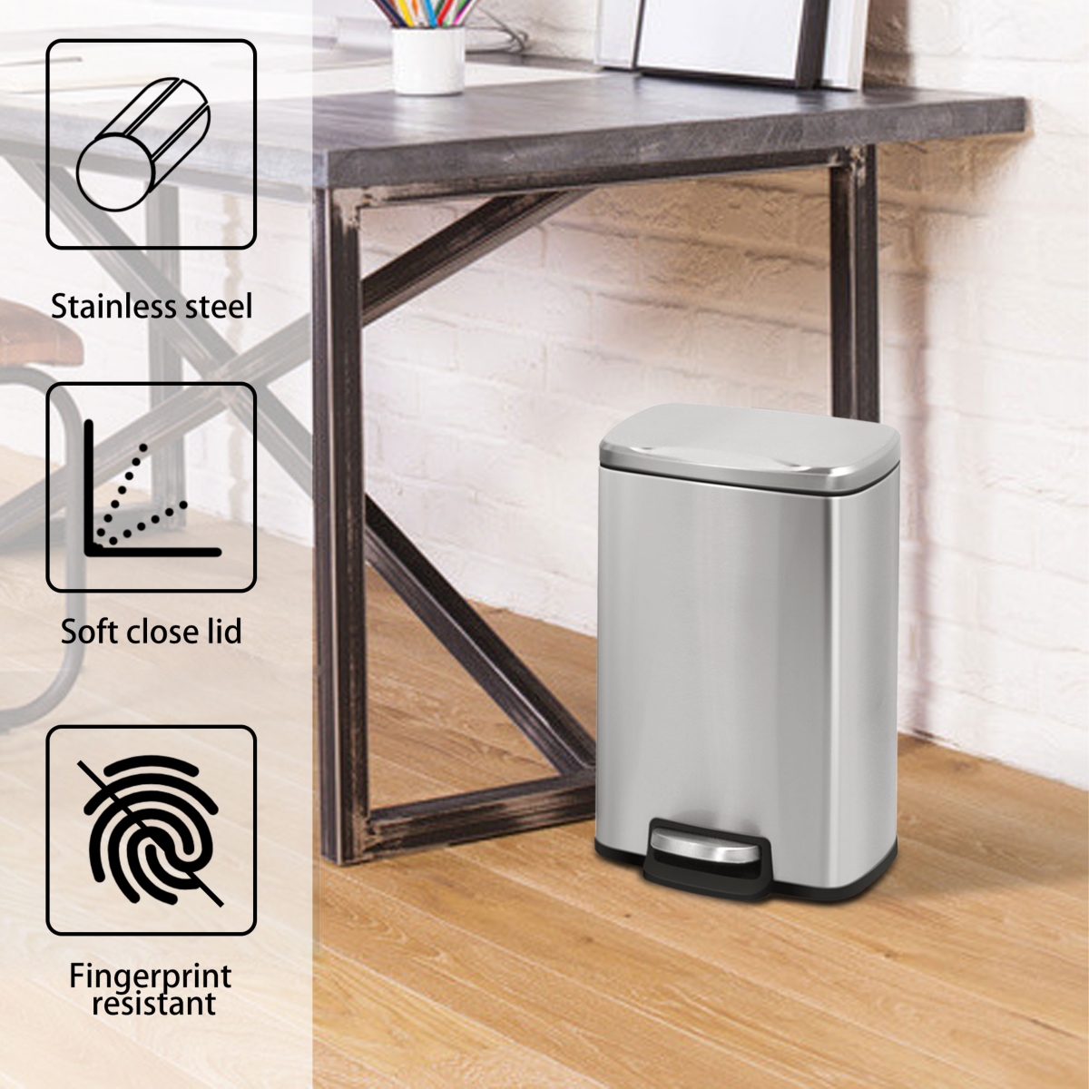 Mega Casa Gal./5 Liter Rectangular Stainless Steel Step-on Trash Can for Bathroom and Office