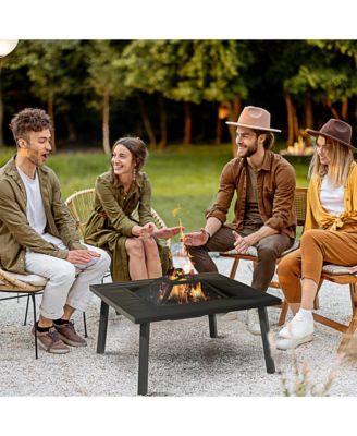 34" Fire Pit with Grill, Spark Screen, Fire Poker, Cover, Table Lip,