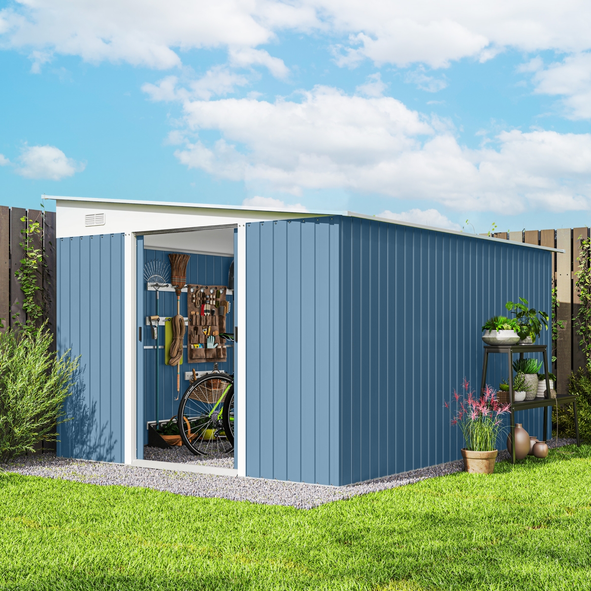 Outsunny 11' x 9' Steel Garden Storage Shed Outdoor Metal Lean To Tool House with Double Sliding Lockable Doors & 2 Air Vents,- Blue