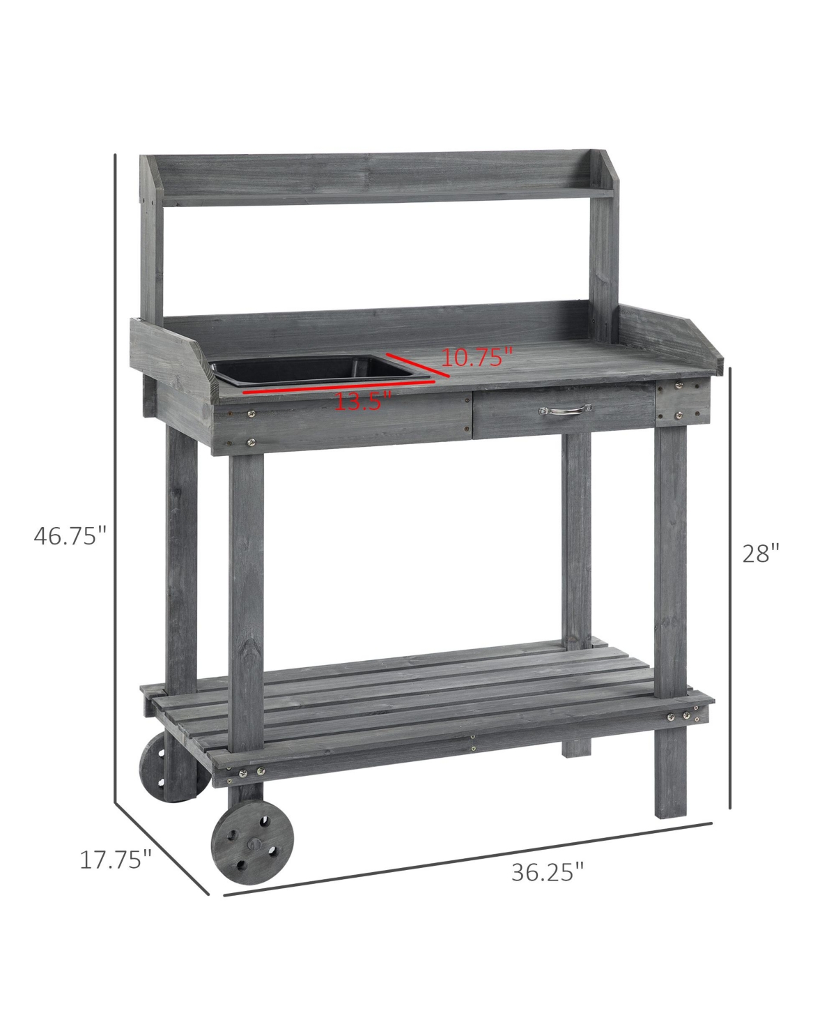 Outsunny 36'' Wooden Potting Bench Work Table with 2 Removable Wheels, Sink, Drawer & Large Storage Spaces, Gray
