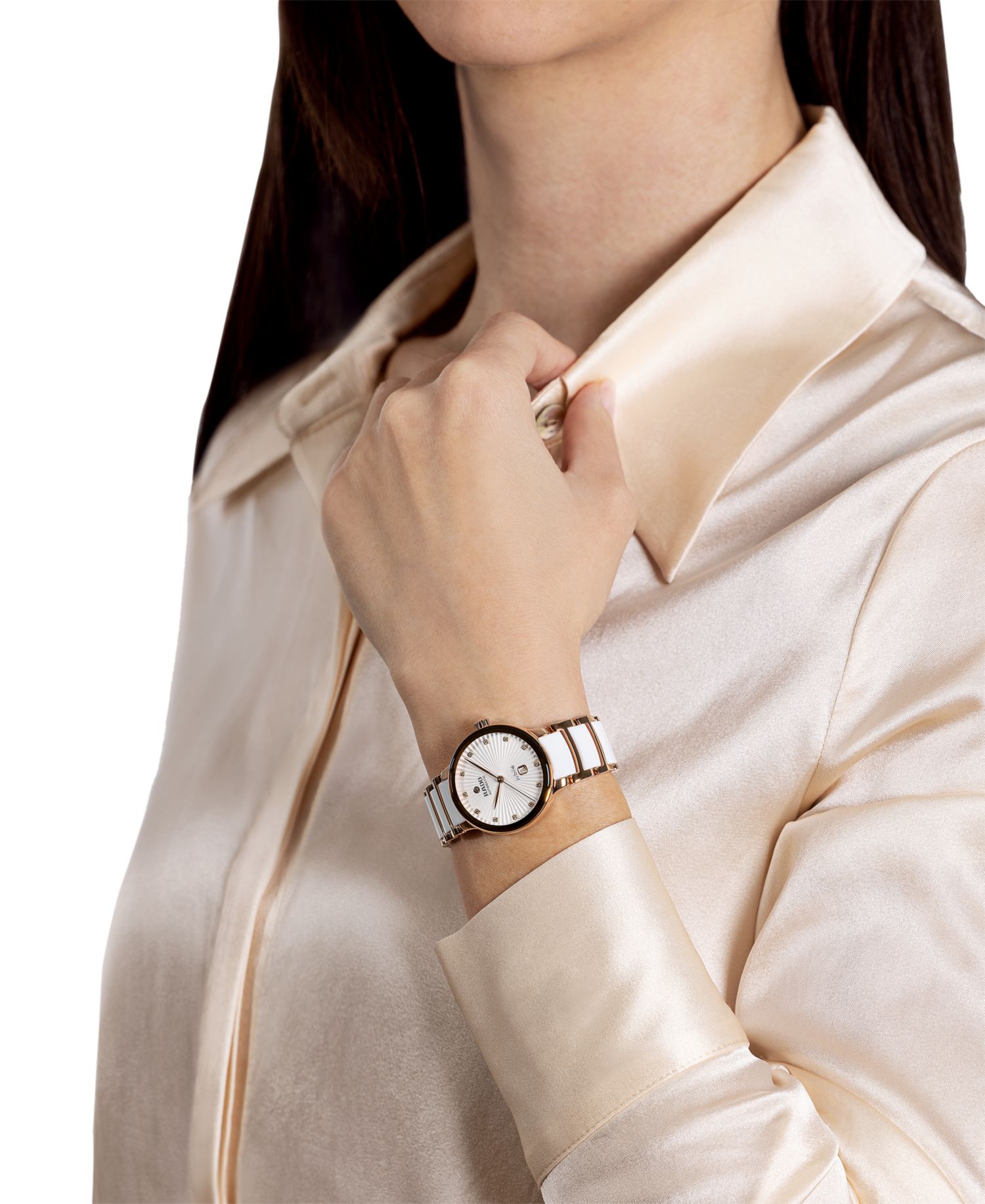 Women's Swiss Automatic Centrix Diamond (1/20 ct. t.w.) White High-Tech Ceramic & Rose Gold PVD Stainless Steel Bracelet Watch 31mm