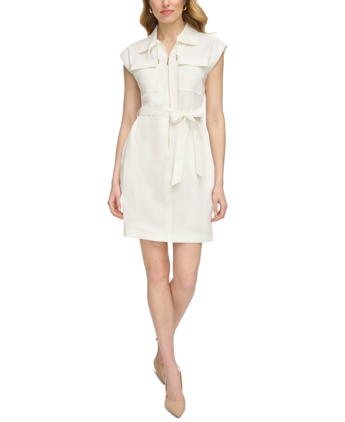 Calvin Klein Women s Point Collar Tie Waist Zip Front Cargo Dress Smart Closet
