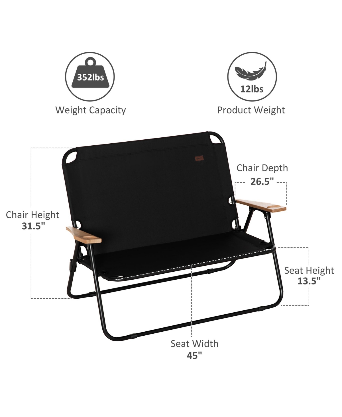 Double Camping Chair for 2 Person, Folding Loveseat with Cup Holder and Wood Armrests, for Beach Sports Travel, Black - Black