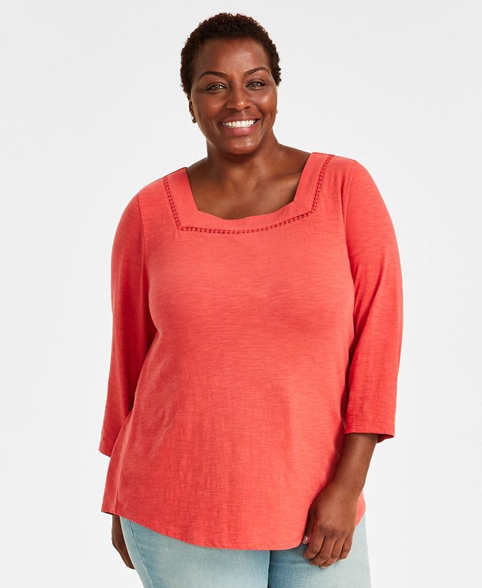 Style & Co Plus Size Cotton Square-Neck Top, Created for Macy's - Macy's
