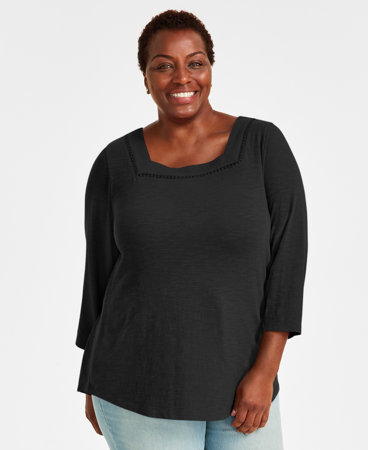 Style & Co Plus Size Cotton Square-neck Top, Created For Macy's In Deep  Black