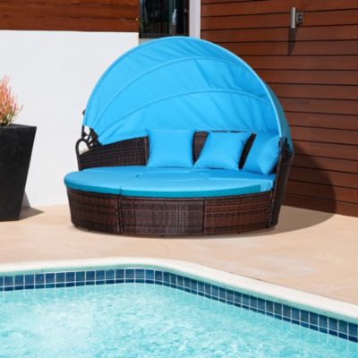 4-Piece Rattan Patio Furniture Set, Round Convertible Daybed or Sunbed with Adjustable Sun Canopy, Sectional Sofa, 2 Chairs, Table, 3 Pillows, Blue