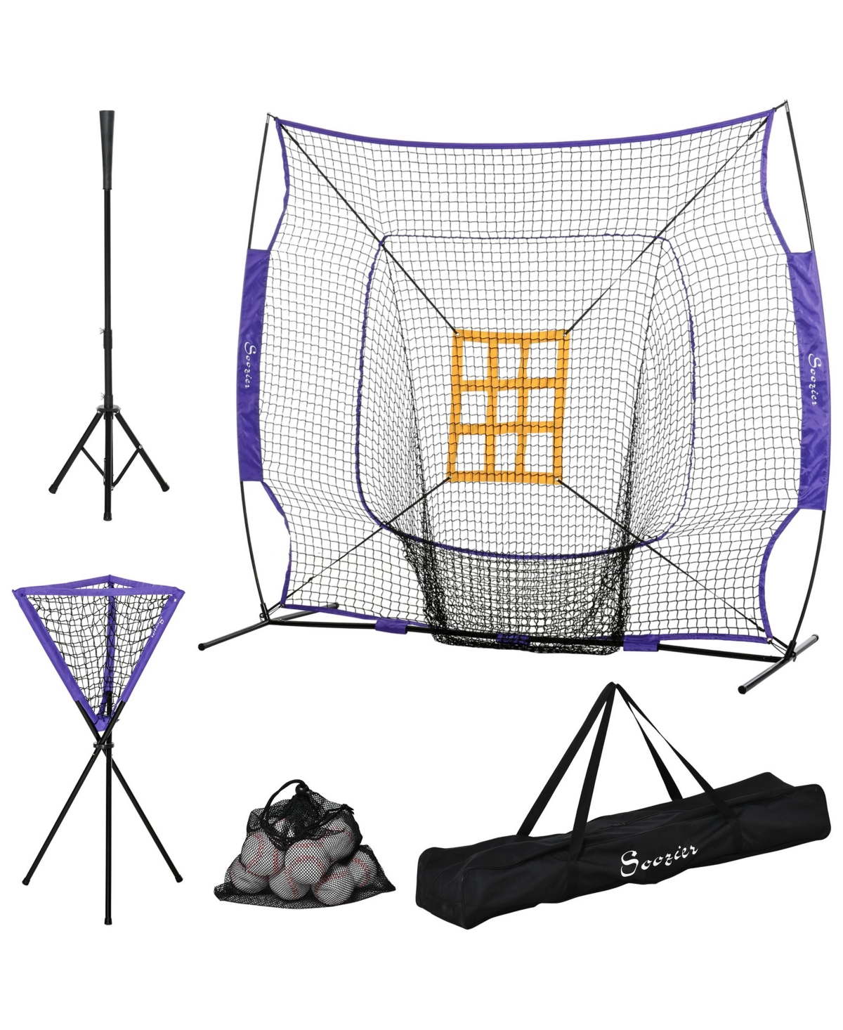 7.5'x7' Baseball Practice Net Set w/ Catcher Net, Tee Stand, 12 Baseballs for Pitching, Fielding, Practice Hitting, Batting, Backstop, Trainin