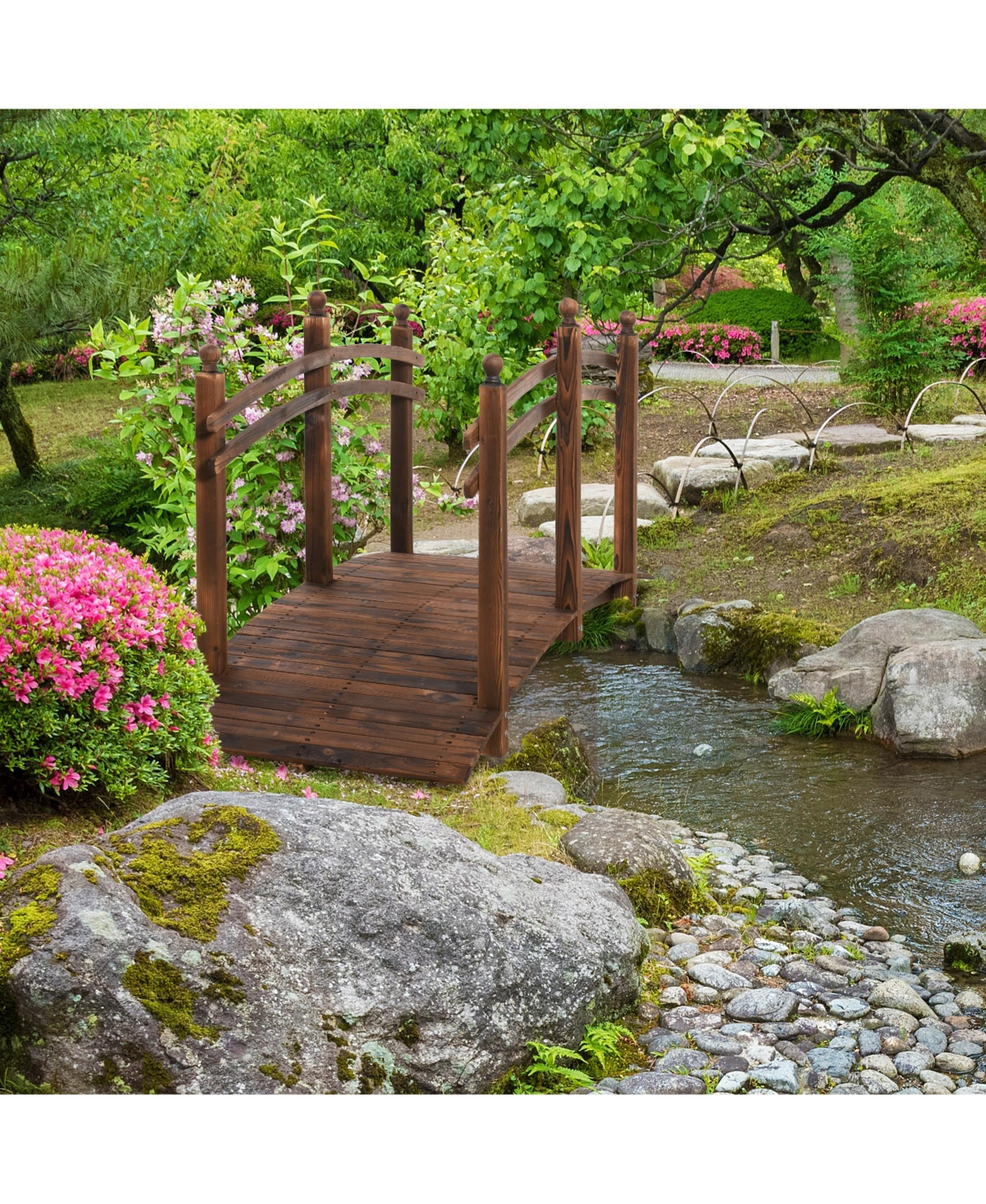 Outsunny Fir Wood Garden Bridge Arc Walkway with Side Railings, Perfect for Backyards, Gardens, & Streams,- Carbonized
