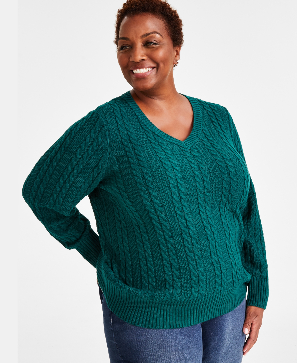 Style & Co Plus Size Cable Knit Sweater, Created For Macy's In True Emerald