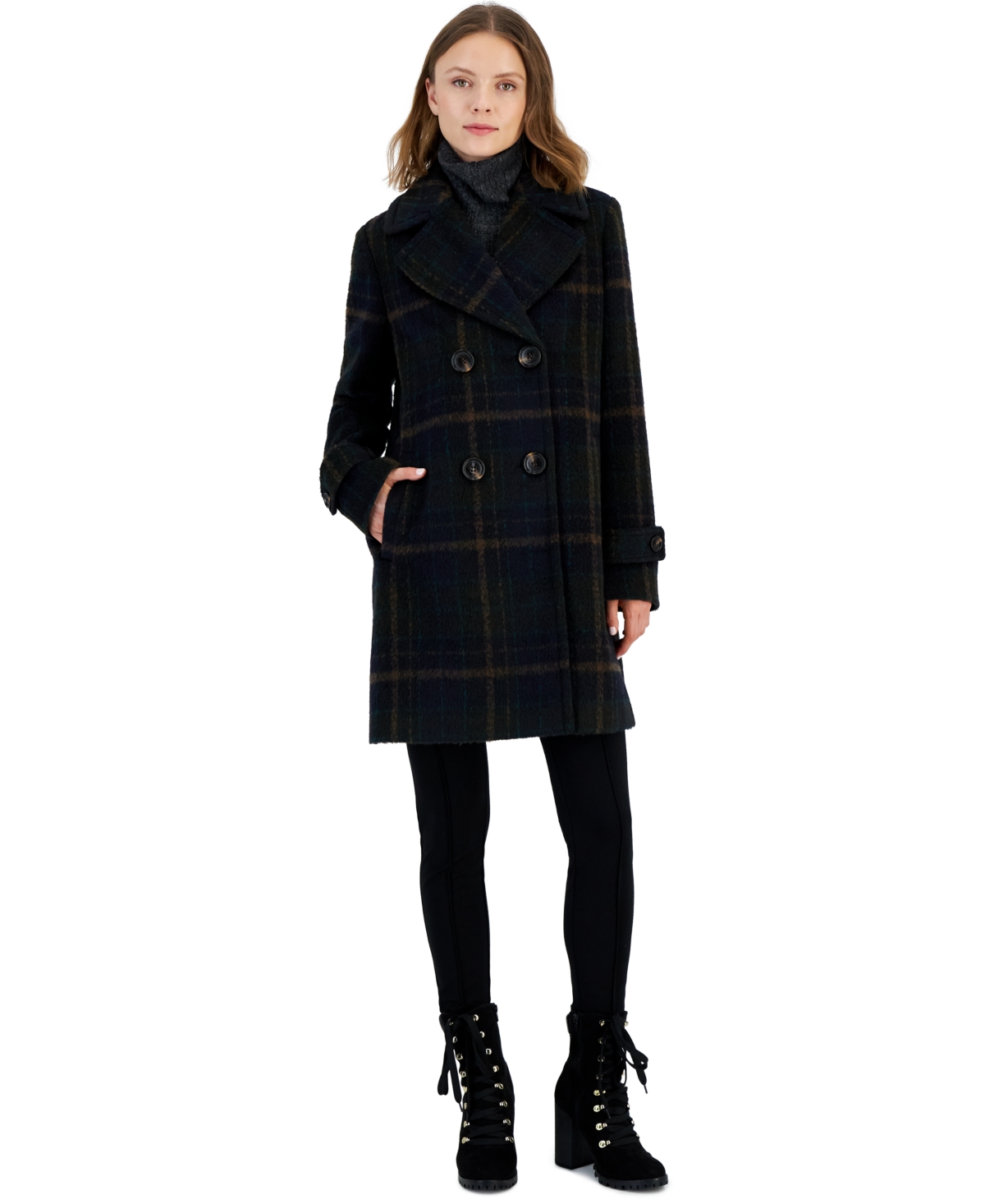Sam Edelman Women's Double-breasted Plaid Coat In Olive Plaid