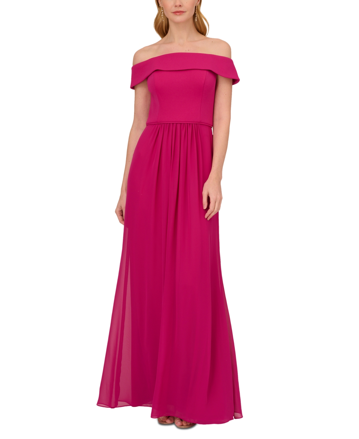 Shop Adrianna Papell Off-the-shoulder Chiffon Gown In Bright Magenta