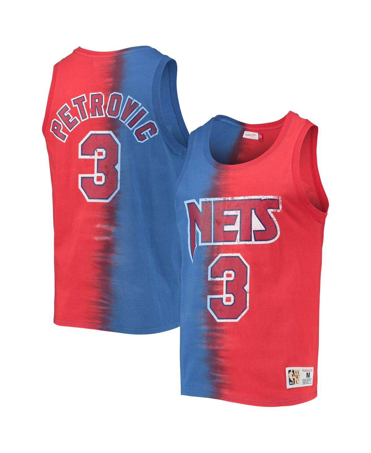 MITCHELL & NESS MEN'S MITCHELL & NESS DRAZEN PETROVIC BLUE, RED NEW JERSEY NETS HARDWOOD CLASSICS TIE-DYE NAME AND N 