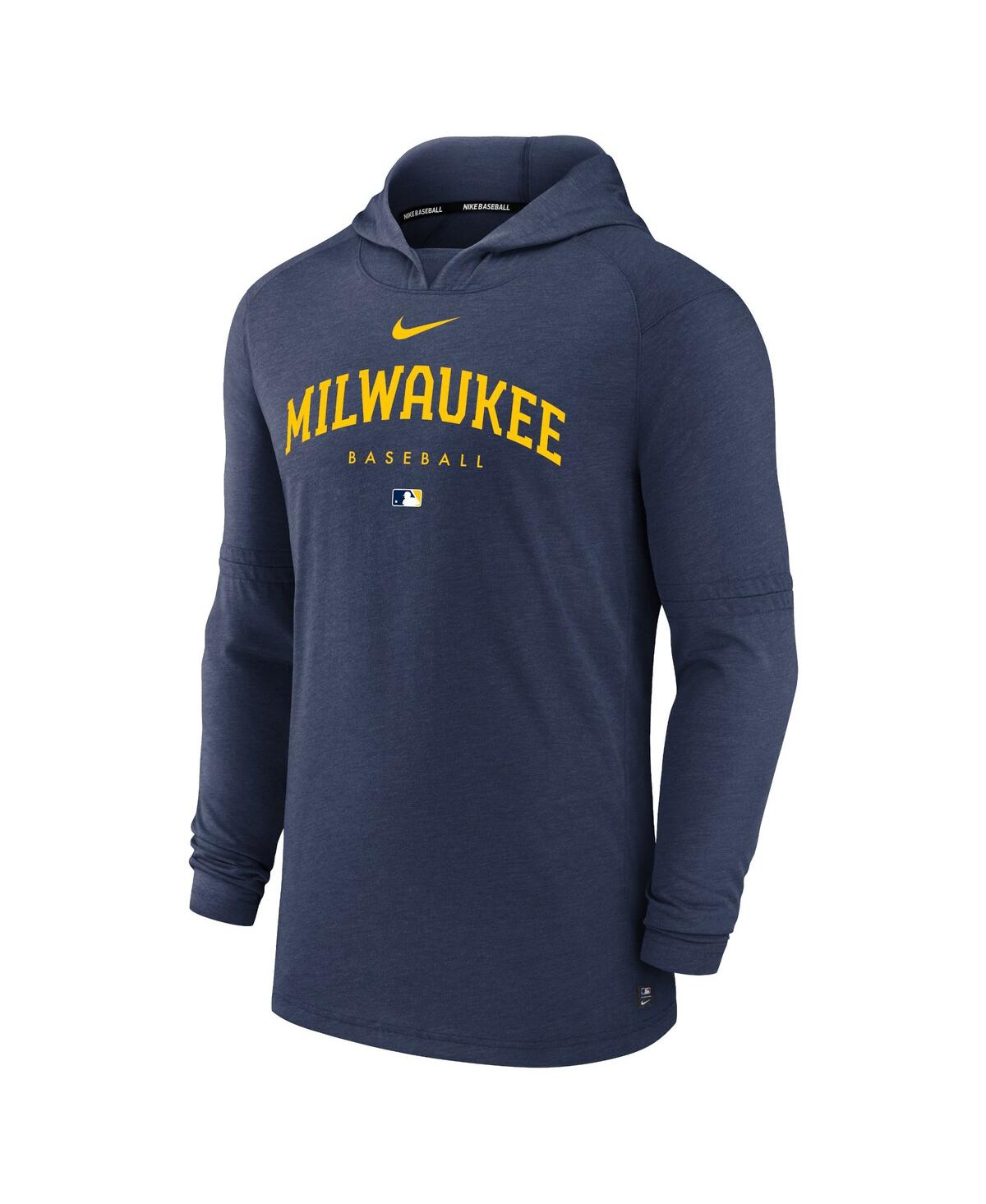 Men's NikeMilwaukee Brewers Authentic Collection Early Work Tri-Blend Performance Pullover Hoodie - Heather Navy