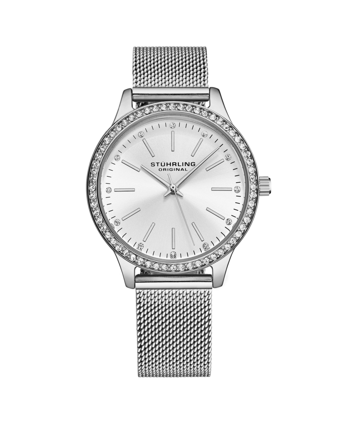 Women's Quartz Crystal Studded SilverCase and Dilver Mesh Bracelet, Silver Hands and Markers Watch - Silver-tone