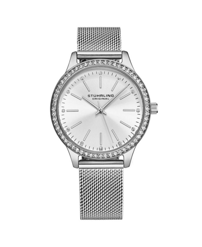 Stuhrling Women's Quartz Crystal Studded Silver Case and Silver Mesh