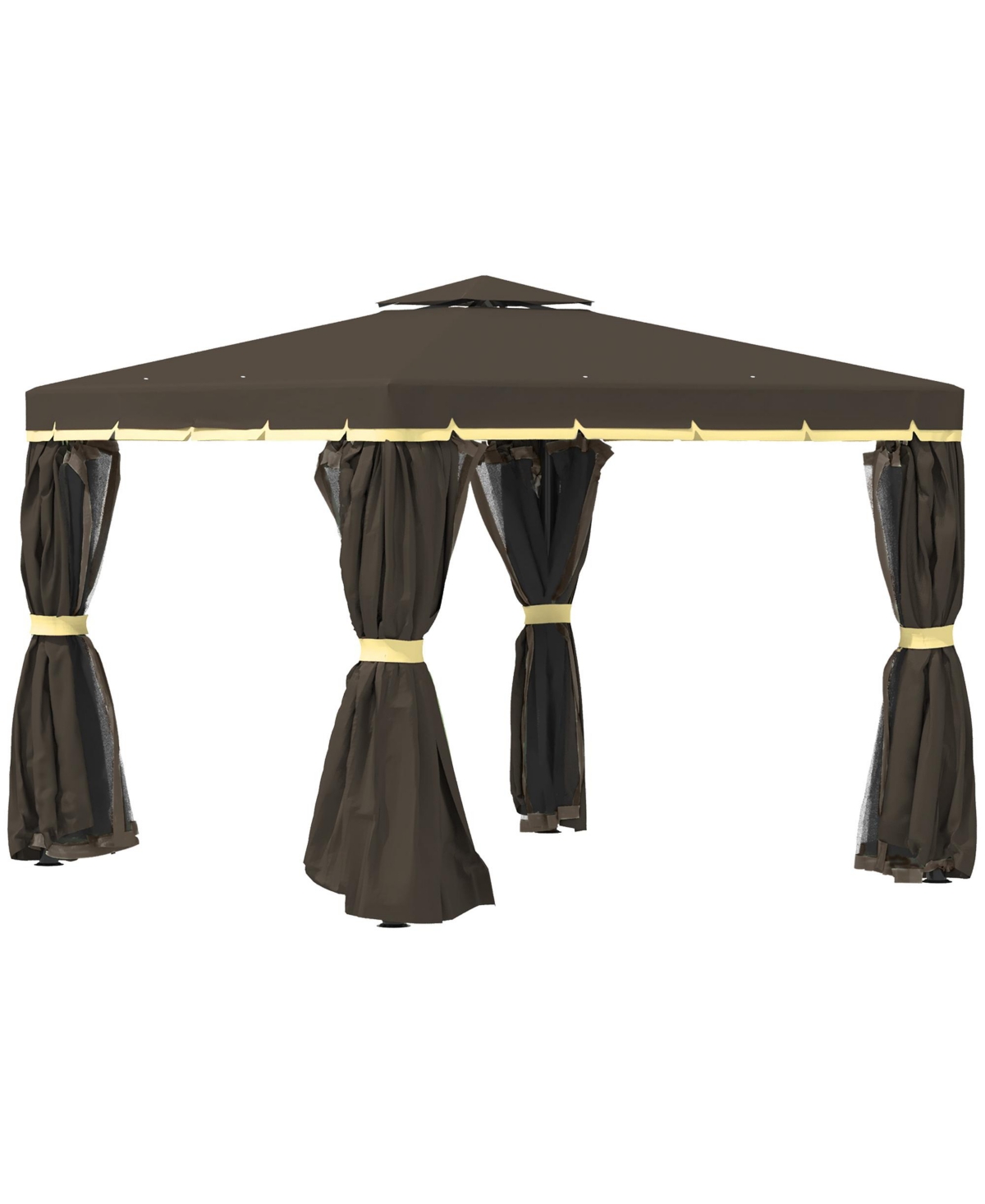 10' x 10' Patio Gazebo, 2 Tier Roof, Netting, Curtains, Outdoor Canopy Shelter for Garden, Lawn, Backyard Deck, Coffee - Brown