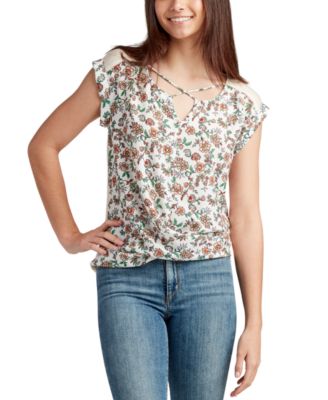 BCX - Juniors' Mixed Media Cross-Neck T-Shirt