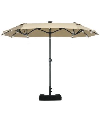 10' Double-Sided Patio Umbrella with Solar Lights and Sandbag Base, Outdoor Table Umbrella with Push Button Tilt, Crank, 2 Vent for Garden, Deck, Pool, Coffee