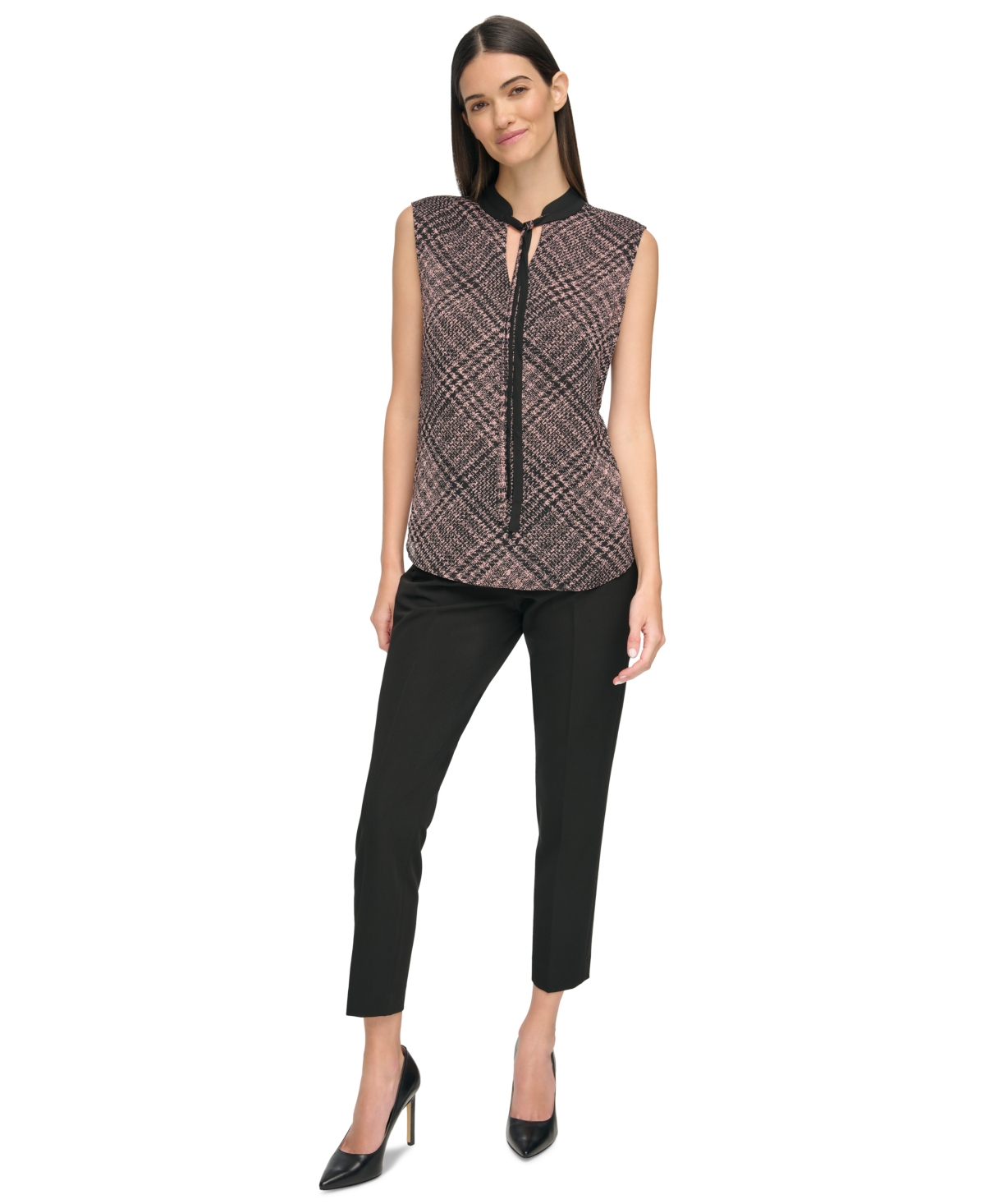 Tommy Hilfiger Women's Contrast Tie-Neck Sleeveless Top -quartz Pink