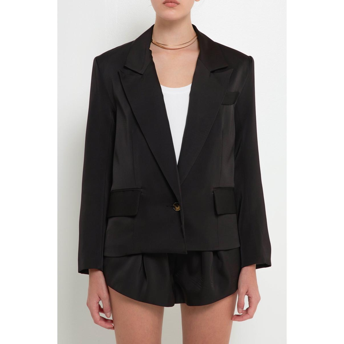 Grey Lab Women's One Button Satin Blazer In Black