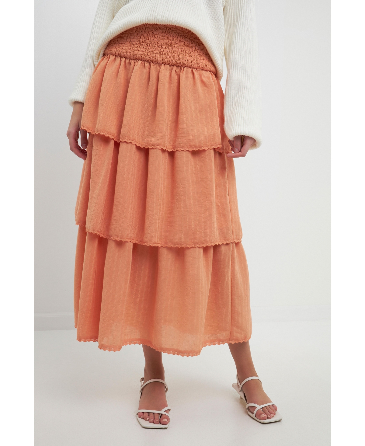Women's Smocked Ruffle Tiered Skirt - Tangerine