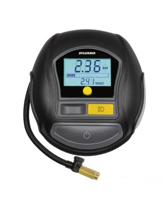 RAPID tire inflator with large LED display, auto-stop, memory, LED work light, case, gloves, spare caps & fuse for easy inflation.