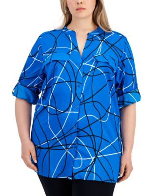 Calvin Klein - Plus Size Printed Roll-Sleeve Button-Up Shirt