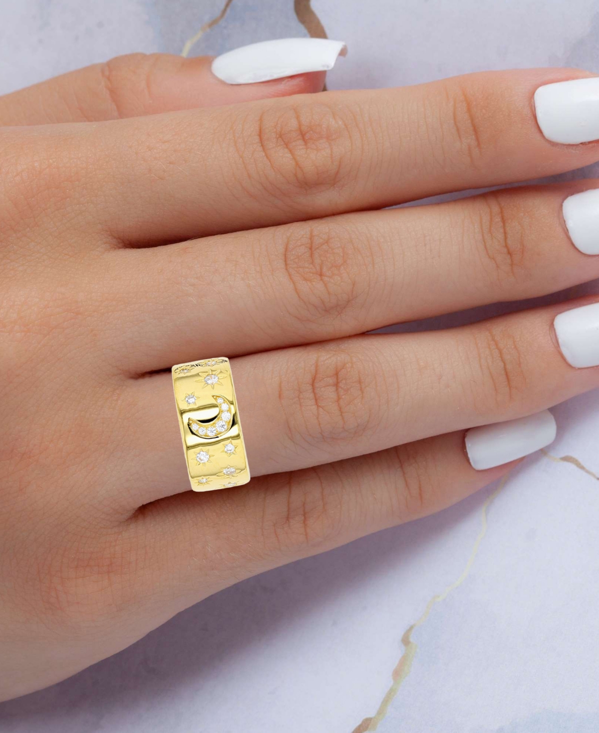Cubic Zirconia Crescent Moon & Stars Wide Width Band in 14kPlated Sterling Silver - Gold