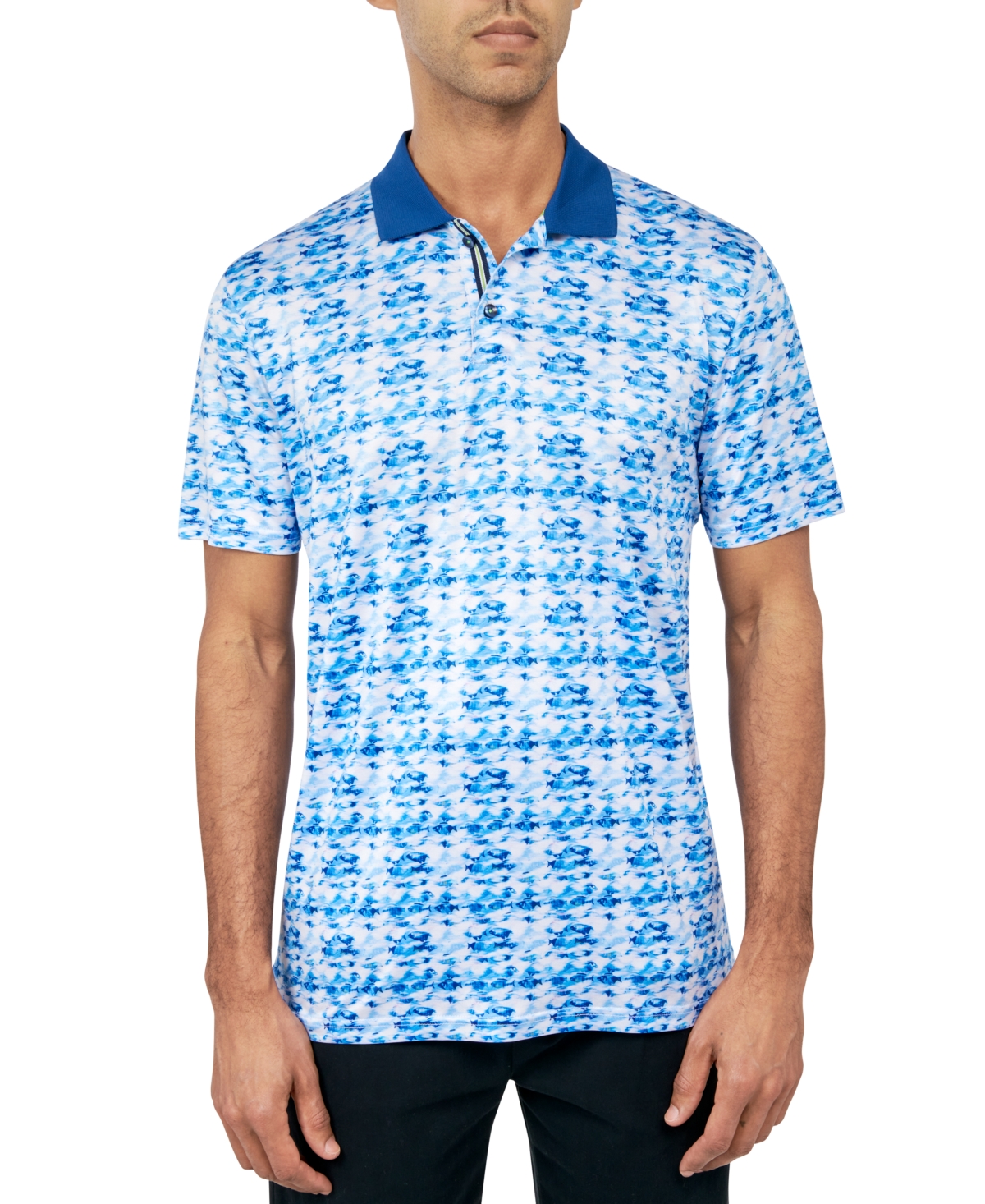 Society Of Threads Men's Regular Fit Fish Print Performance Polo Shirt In Blue