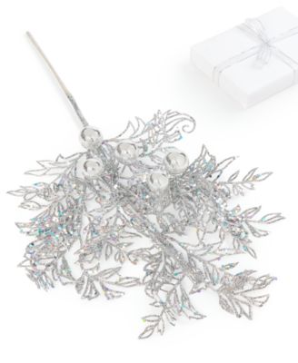 Holiday Lane - Silver Bells Sliver Glitter Leaves with Ornaments Pick