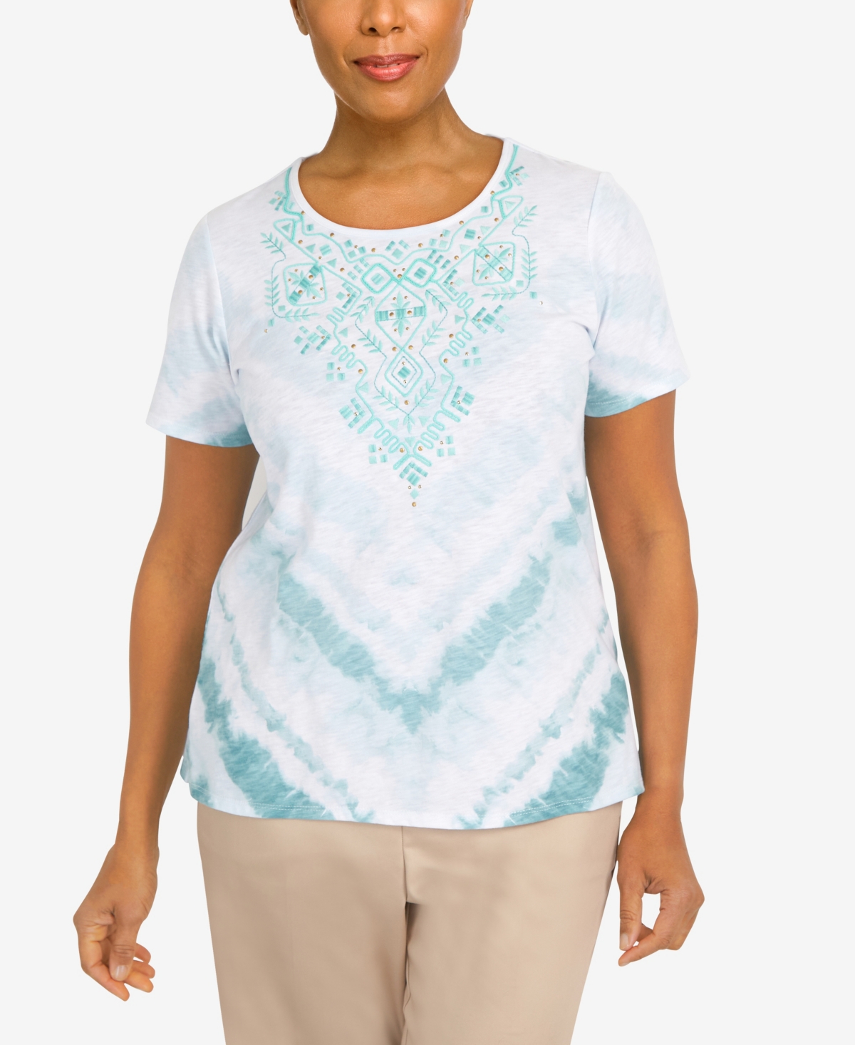 Alfred Dunner Petite Coconut Grove Tie Dye Geo Short Sleeve Top In Celadon