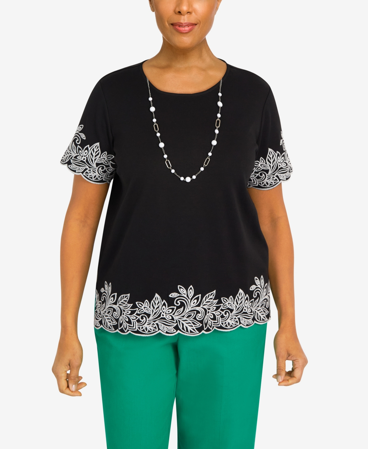 Alfred Dunner Petite Island Vibes Embroidered Hem Top In Black
