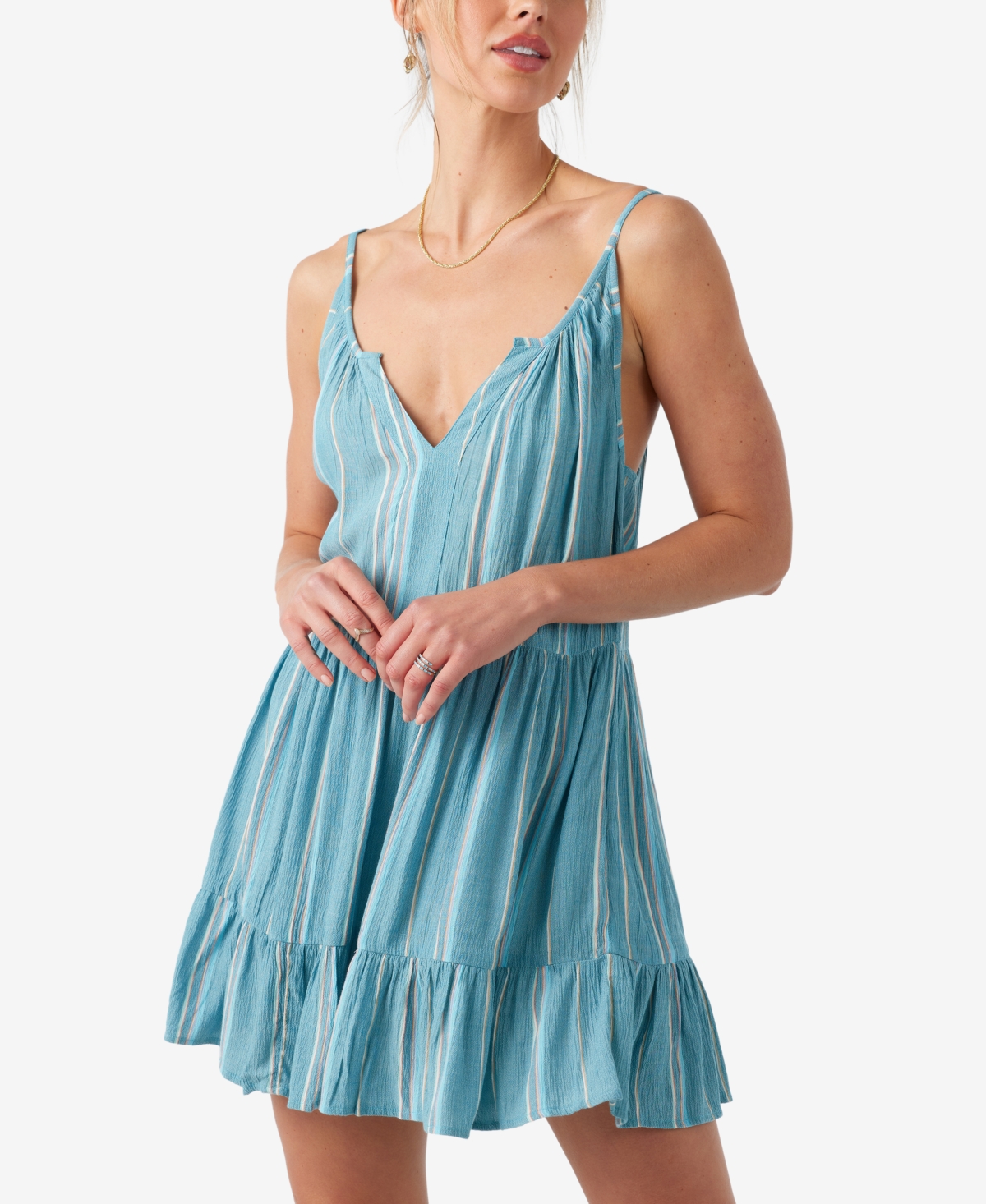 O'neill Juniors' Cheri Striped Crinkle Tiered Mini Dress In Blue Moon