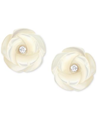 Children's Mother of Pearl & Crystal Flower Stud Earrings in 14k Gold