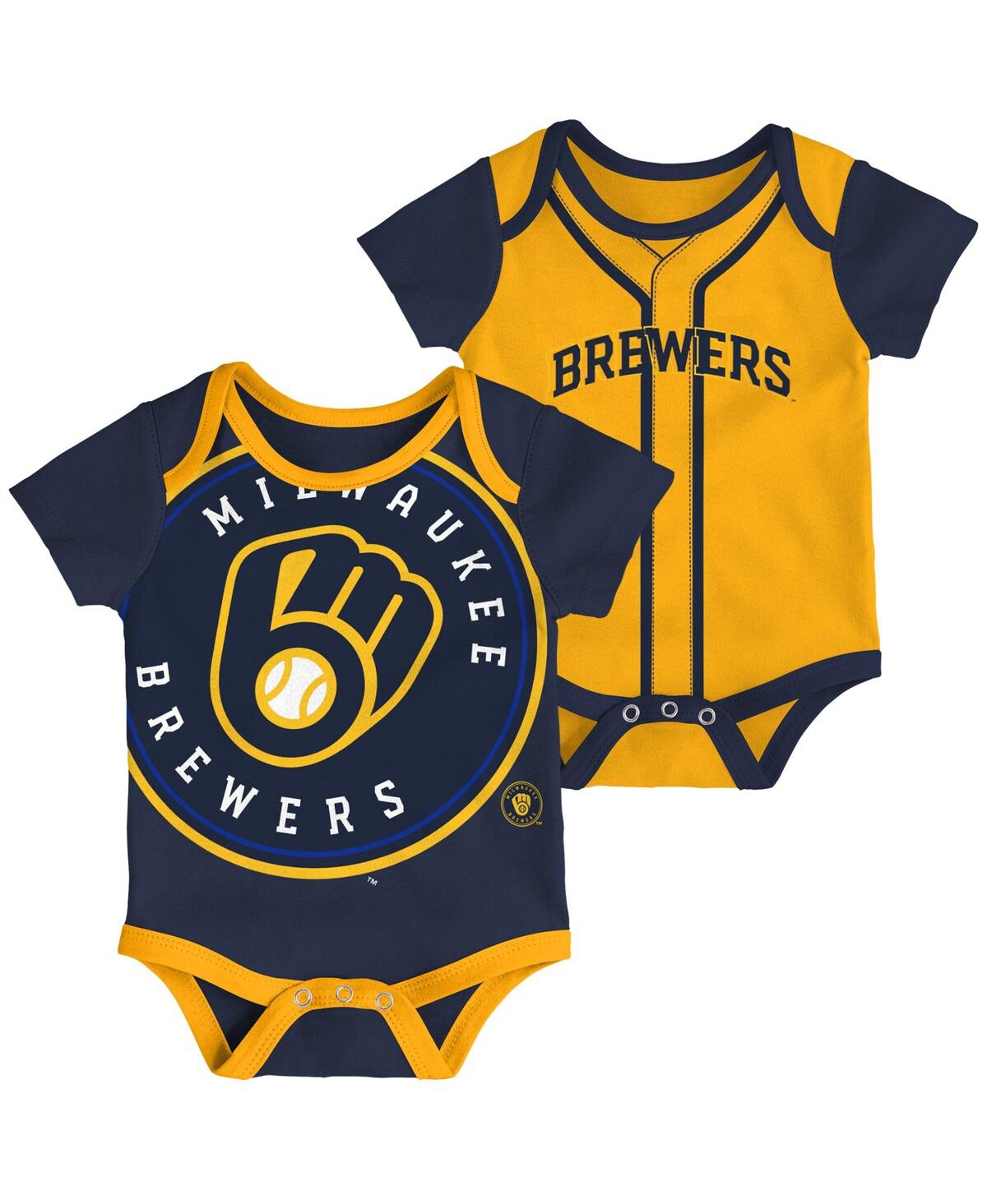 Outerstuff Babies' Newborn Boys And Girls Navy, Gold Milwaukee Brewers Double Two-pack Bodysuit Set In Navy,gold