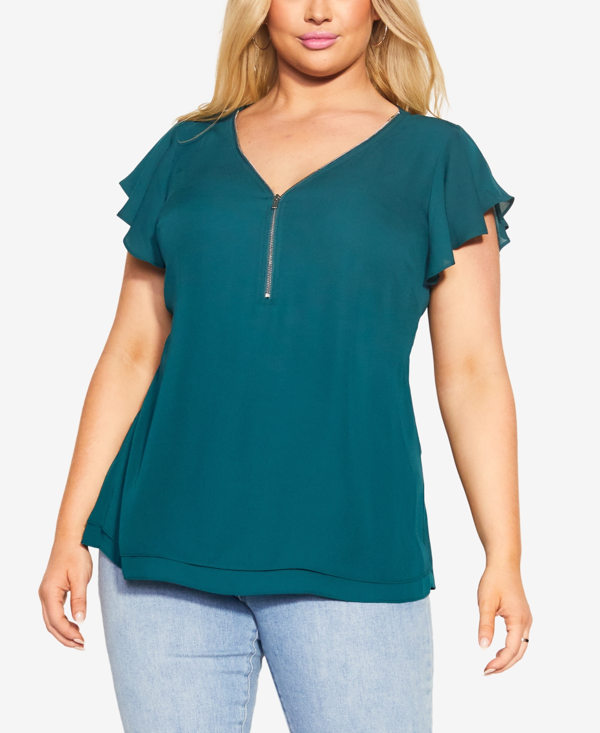 City Chic Trendy Plus Size Zip Fling Shorts Flutter Sleeve Top In Teal