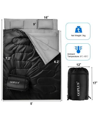 Double 2 Person Sleeping Bag Waterproof w/ 2 Pillows Camping Queen Size XL