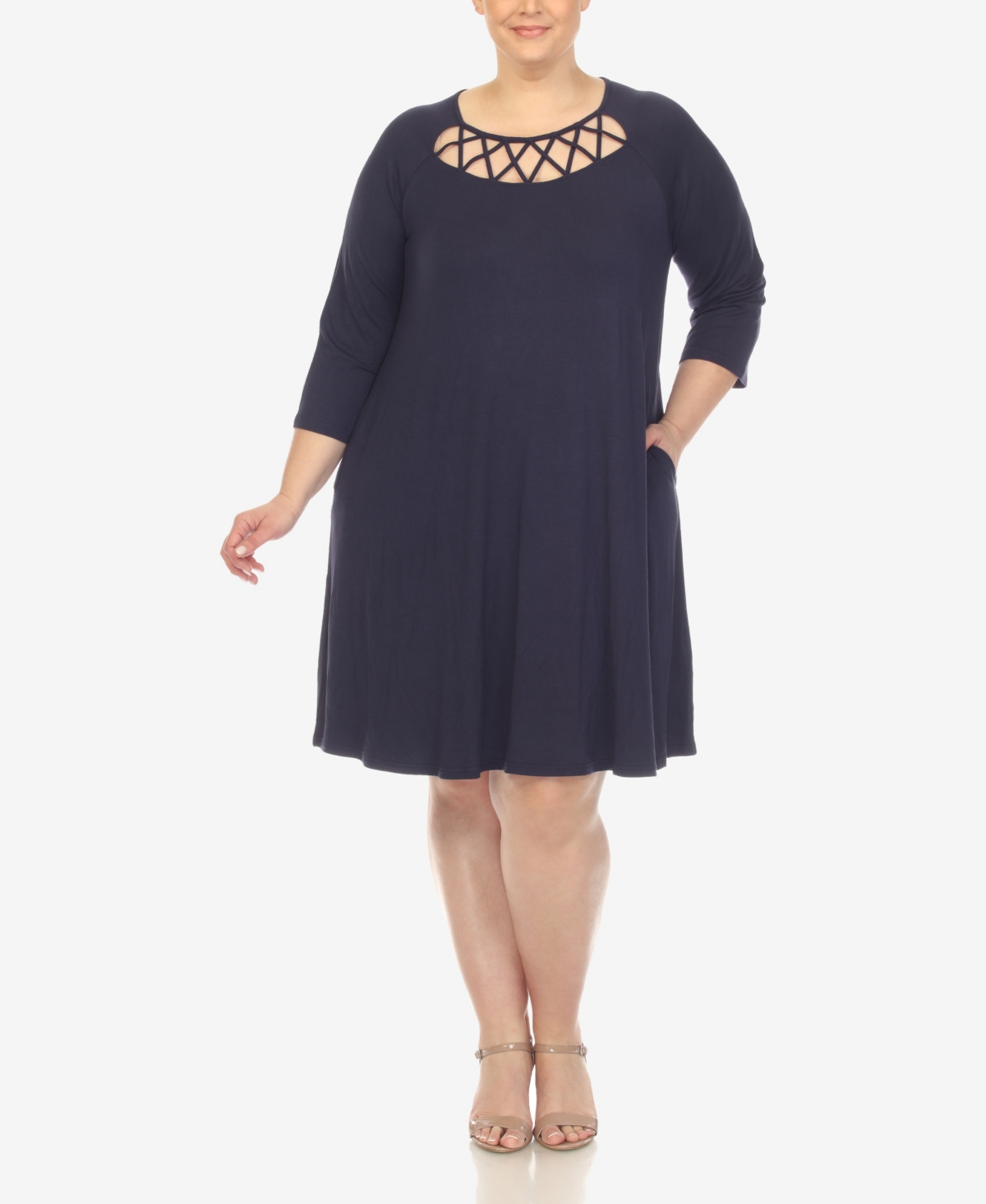 White Mark Plus Size Criss Cross Neckline 3/4 Sleeve Swing Dress