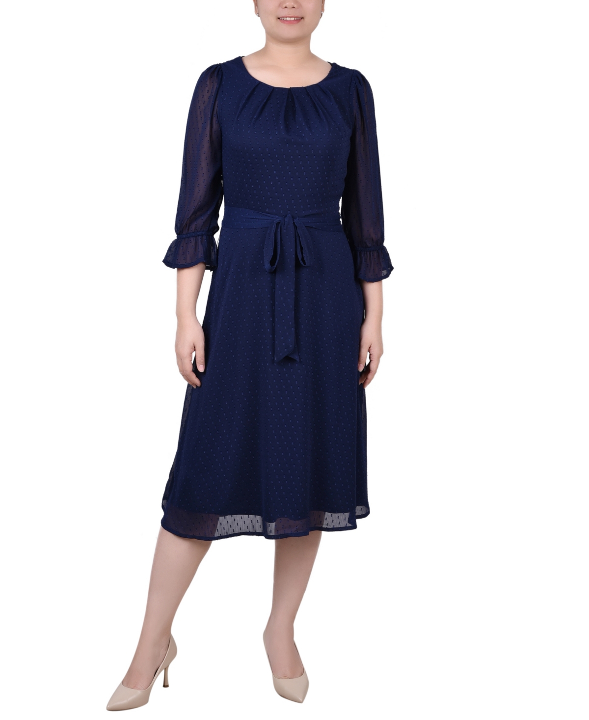 Ny Collection Women's 3/4 Sleeve Belted Swiss Dot Dress In Evening Blue